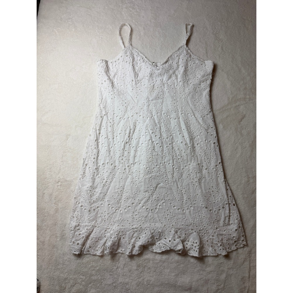White Eyelet Sundress Small Ruffle Hem V-Neck Back Zip Lined Mini Dress